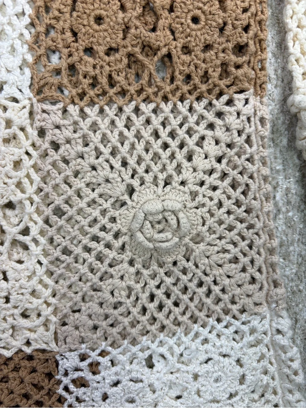 Vintage Neutral Crochet Patchwork Throw - Cream & Brown